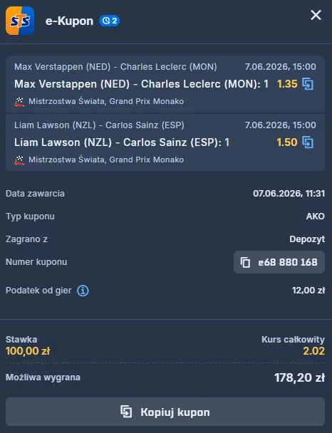 kupon-double-sts-grand-prix-monako-formula1-verstappen-leclerc-lawson-sainz